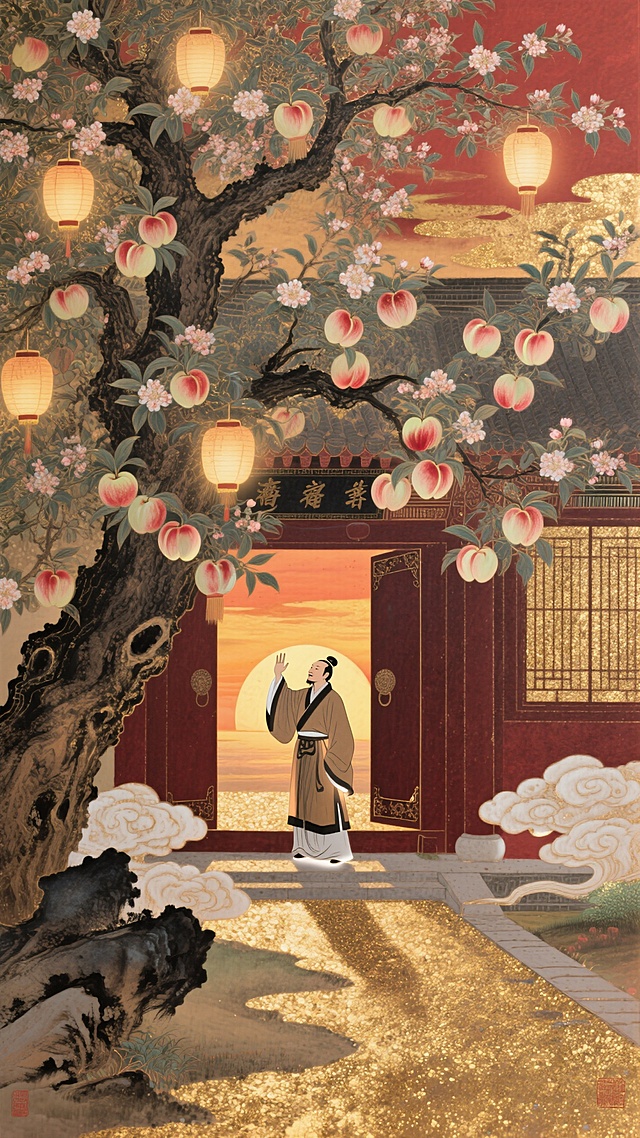 古典中式工笔风，唯美感十足，鎏金元素点缀，展现传统节日的典雅与祥和。