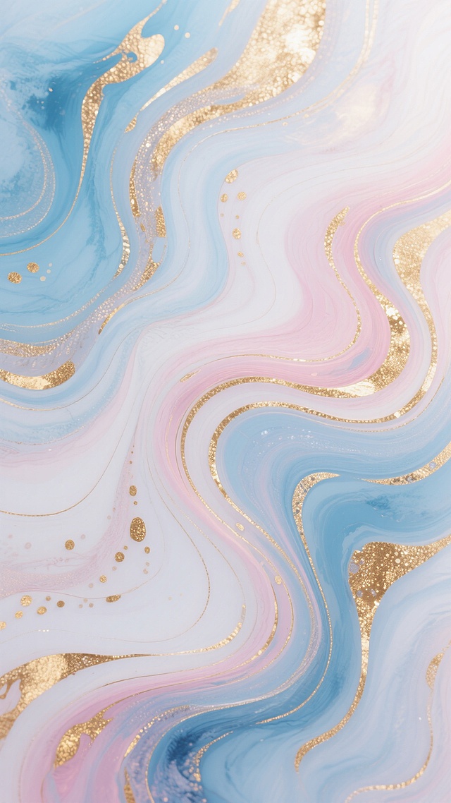 流体艺术风格背景，以柔和的天蓝色、粉彩色和白色为主色调，融合金色的金属光泽纹理，色彩过渡自然流畅，呈现出类似大理石纹和水墨晕染的流动效果，画面中包含多种不同走向的波浪状纹路和漩涡状图案，金色元素以细长线条、斑点和不规则块状分布其中，整体光影柔和，高光区域呈现出细腻的珠光质感，营造出梦幻、优雅且富有动感的视觉氛围，具有高度的设计感和装饰性。
