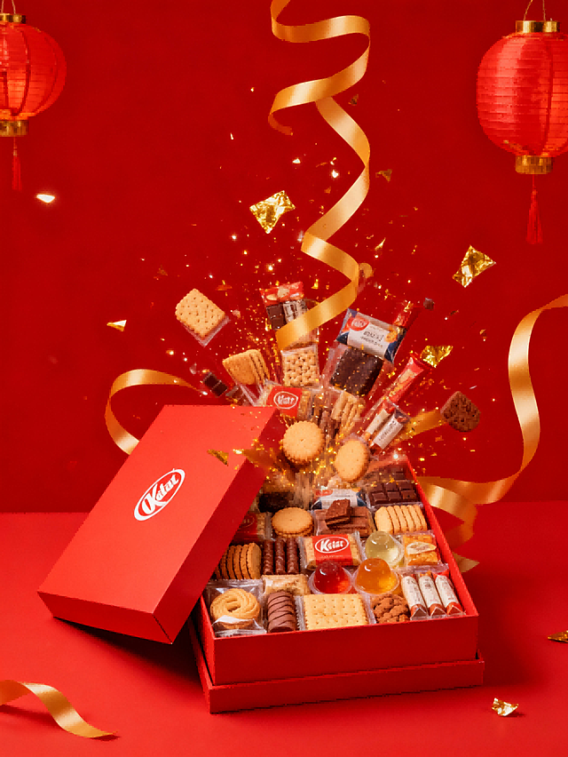 主体是红色台面上放着的图示商品，呈打开状态，内部商品向外飞溅。金色丝带围绕商品向上延伸，点缀金箔闪粉和红灯笼。正红色背景