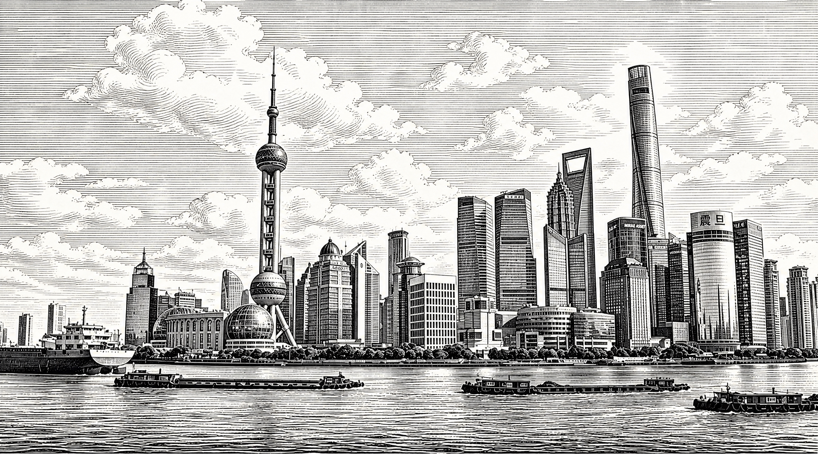 将这张上海陆家嘴城市风景照片转换为黑白线描版画风格，参考图2的… - 图片创意预览