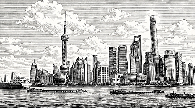 将这张上海陆家嘴城市风景照片转换为黑白线描版画风格，参考图2的复古插画风格：黑白单色，精细的线条刻画，木刻版画质感，保留东方明珠、上海中心大厦、环球金融中心等标志性建筑的轮廓和结构，黄浦江水面用排线表现，天空云朵用流畅的线条勾勒，整体呈现复古黑白插画的艺术效果，线条清晰细腻，层次丰富