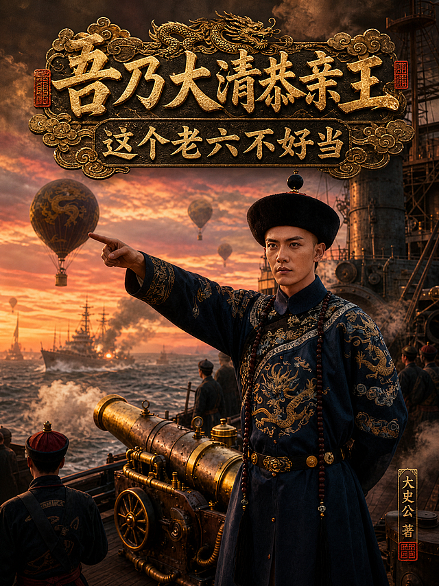 保留原图主体元素，调整尺寸为600像素宽、800像素高。在图片上方添加两行上下排列的书名文字：第一行"吾乃大清恭亲王"，第二行"这个老六不好当"，字体设计感强，添加国风元素装饰；在图片右下角添加作者文字"大史公 著"，字体设计感强。整体保留原图蒸汽复古国风与甲午海战风格。
