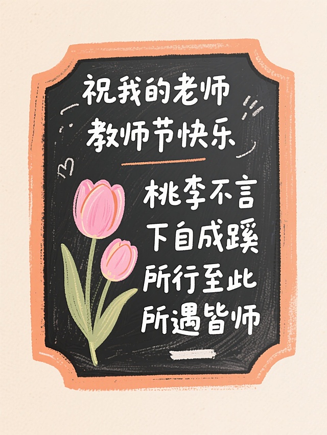 粉笔涂鸦风，肌理感浅米底，低饱和橙色不规则圆角矩形粉笔文本框（黑板质感），白字文案“祝我的老师 教师节快乐 桃李不言 下自成蹊 所行至此 所遇皆师”，点缀粉色手绘郁金香
