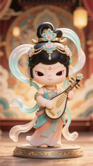 Q版国风仙女玩偶宝宝，敦煌飞天的体态，敦煌飞天元素重构，花丝镶嵌工艺，烤瓷工艺质感，神奇飘逸的飘带，明亮的舞台背景，华丽，3D风格，“仙女玩偶宝宝弹琵琶”预览效果