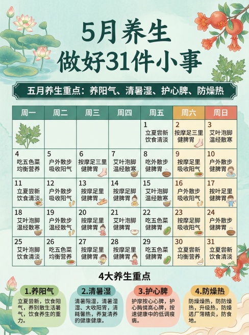 中式养生科普信息图，主题为"5月养生做好31件小事"，整体风格贴合五月立夏、小满节气，适配中老年阅读。比例3:4，清新夏日国风，浅青色宣纸质感底纹，淡墨荷塘、艾草、石榴花装饰，色调清爽柔和，以浅青、淡预览效果