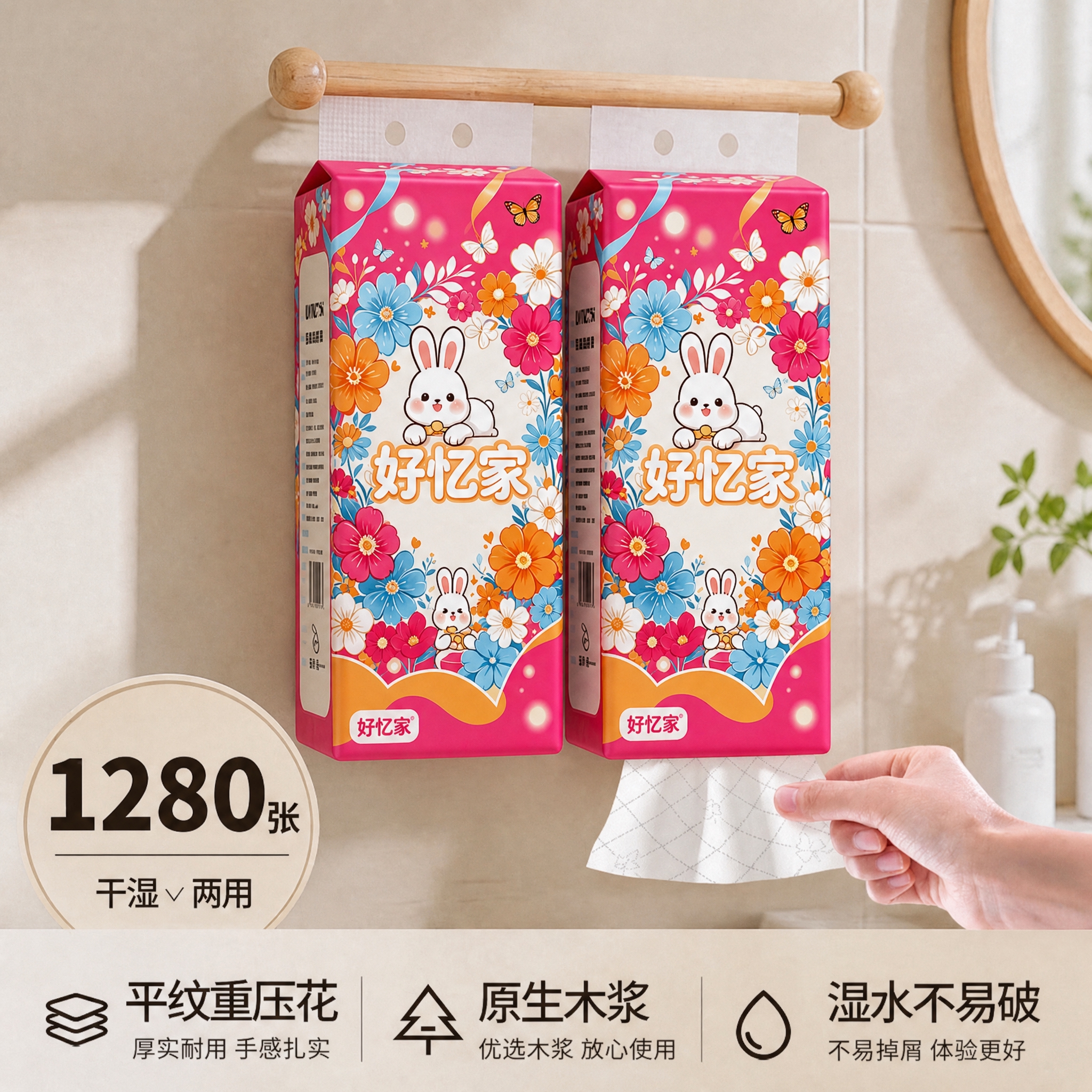 将图中悬挂的两包绿色抽纸外包装图案，完全替换为第一张白底图中粉… - 图片创意预览