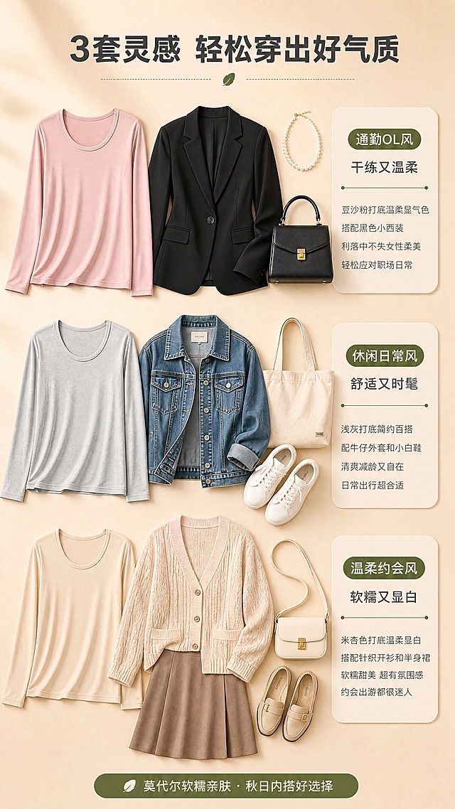 [商品] 使用【图1】女士莫代尔秋衣；保留款式、颜色、面料质感；自然去皱，理顺垂坠，不改变版型。
[画面] 目标：穿搭灵感页，3套内搭搭配方案（无模特，用服装平铺组合展示）。构图：上中下3套搭配纵向排列，每套为秋衣+外搭+配饰的平铺组合，顶部标题区。景别：中景，每套搭配平铺俯拍。阅读动线：从上到下依次浏览3套搭配。3套搭配：第1套通勤风（豆沙粉秋衣+黑色小西装+珍珠项链+通勤包）、第2套休闲风（浅灰秋衣+牛仔外套+小白鞋+帆布包）、第3套温柔风（米杏色秋衣+针织开衫+半身裙+小皮鞋）。
[视觉] 套系策略：风格=温柔暖调高级商业摄影风；标题字=现代无衬线粗黑体（思源黑体Heavy）；正文字=简洁无衬线体（思源黑体Regular）；主色=豆沙粉+浅米杏；背景延展=基于浅米杏做深浅层级、同色渐变和细腻织物/纸张质感；强调色=橄榄绿，仅用于小面积标签、引线和按钮；标题色=深炭灰；正文色=中暖灰；组件=圆角浅底信息卡、细线引线、橄榄绿胶囊标签；光影=左前侧45度暖柔光，柔和自然阴影。
[文字] 顶部主标题"3套灵感 轻松穿出好气质"，每套搭配右侧配风格标签+短说明：第1套"通勤OL风 干练又温柔"、第2套"休闲日常风 舒适又时髦"、第3套"温柔约会风 软糯又显白"。标签用橄榄绿胶囊样式。
[规格] 图片比例9:16竖版，4K，避免变形、错字、文字过小、冷蓝/蓝灰背景、衣服颜色改变、版型失真、模特出现。