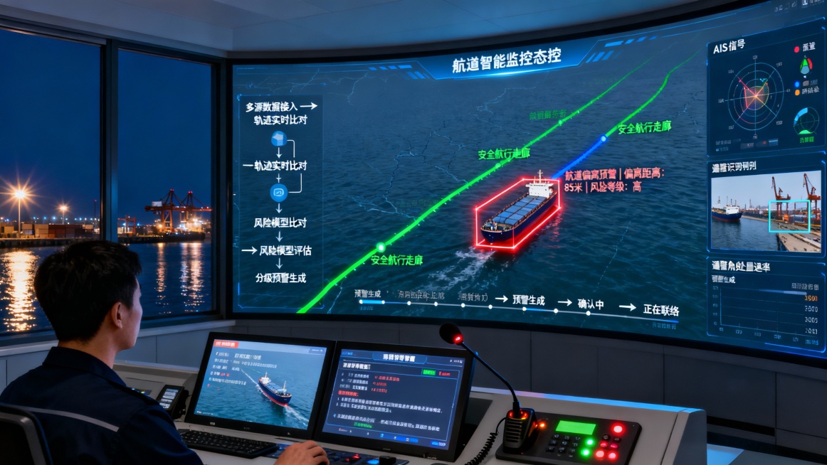 港口船舶交通管理中心（VTS）内景，深蓝夜幕透过落地窗，与室内屏幕冷光形成对比。巨大的弧形监控屏幕是视觉焦点，正动态展示着航道智能监控态势。

屏幕中央的电子海图上，多条发光的绿色“安全航行走廊”清晰预览效果