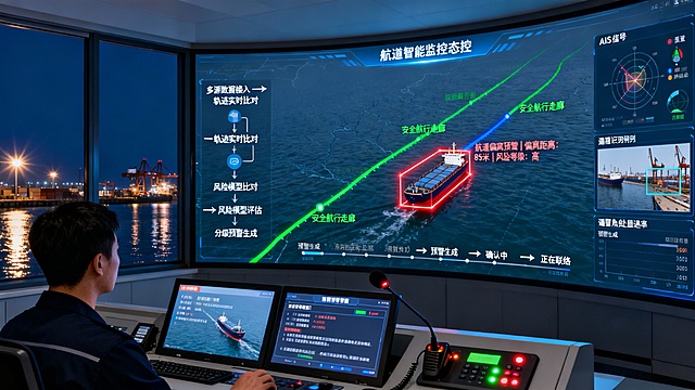 港口船舶交通管理中心（VTS）内景，深蓝夜幕透过落地窗，与室内屏幕冷光形成对比。巨大的弧形监控屏幕是视觉焦点，正动态展示着航道智能监控态势。

屏幕中央的电子海图上，多条发光的绿色“安全航行走廊”清晰划定。一艘货轮的AIS轨迹（蓝色实线）正明显偏离其预定走廊，系统用醒目的红色闪烁框将其锁定，并标注“航道偏离预警｜偏离距离：85米｜风险等级：高”。右侧信息面板分层显示着多源数据融合状态：AIS信号、雷达点迹与视频识别框叠加吻合，下方实时计算着偏离角度与速率。左侧以流程图简洁展示分析逻辑：“多源数据接入→轨迹实时比对→风险模型评估→分级预警生成”。

一名值班员正注视屏幕，他面前的辅助显示屏弹出该船的详细报警信息，包括船舶身份、位置及系统推荐的纠正航向建议。他手边的VHF通讯面板麦克风指示灯亮起，正准备联络船舶。屏幕下方，一条预警处置时间轴正自动记录着事件进展：“预警生成→确认中→正在联络”。

窗外，港口的夜间作业灯光在水面上投下星光，与室内数据世界静默呼应。整体画面通过清晰的数据图层、克制的算法可视化与闭环处置状态，精准展现航道偏离AI系统如何融合多源信息，实现从实时感知、智能预警到主动干预的全流程安全管控。
