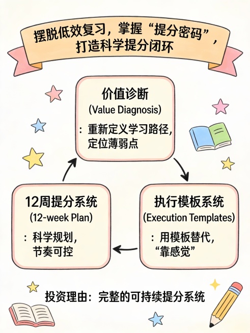 一张手绘风格的信息图，3:4比例，主题为“小升初语文提分引擎：三大闭环系统”。顶部横幅写着“摆脱低效复习，掌握‘提分密码’，打造科学提分闭环”。中间三个方框分别标注：

价值诊断（Value Diag预览效果