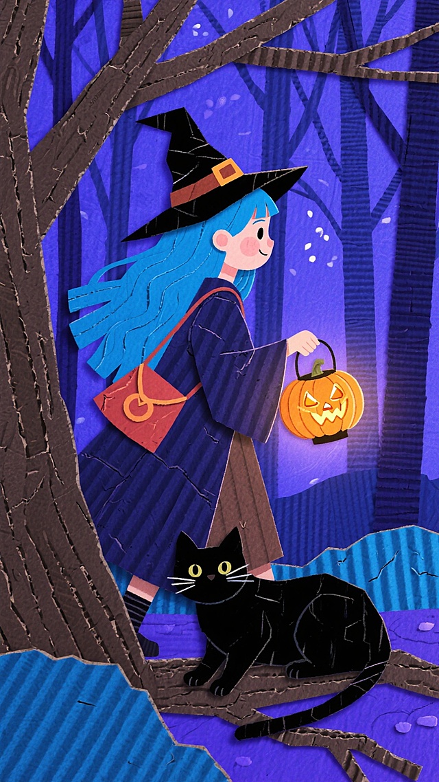 蓝发女孩穿着巫师袍背着红色小包，手持南瓜灯笼在夜晚的森林中，背景是一只黑猫在月色下的树上静静的看着她。整体以蓝紫色为主色调，营造神秘充满万圣节童话氛围