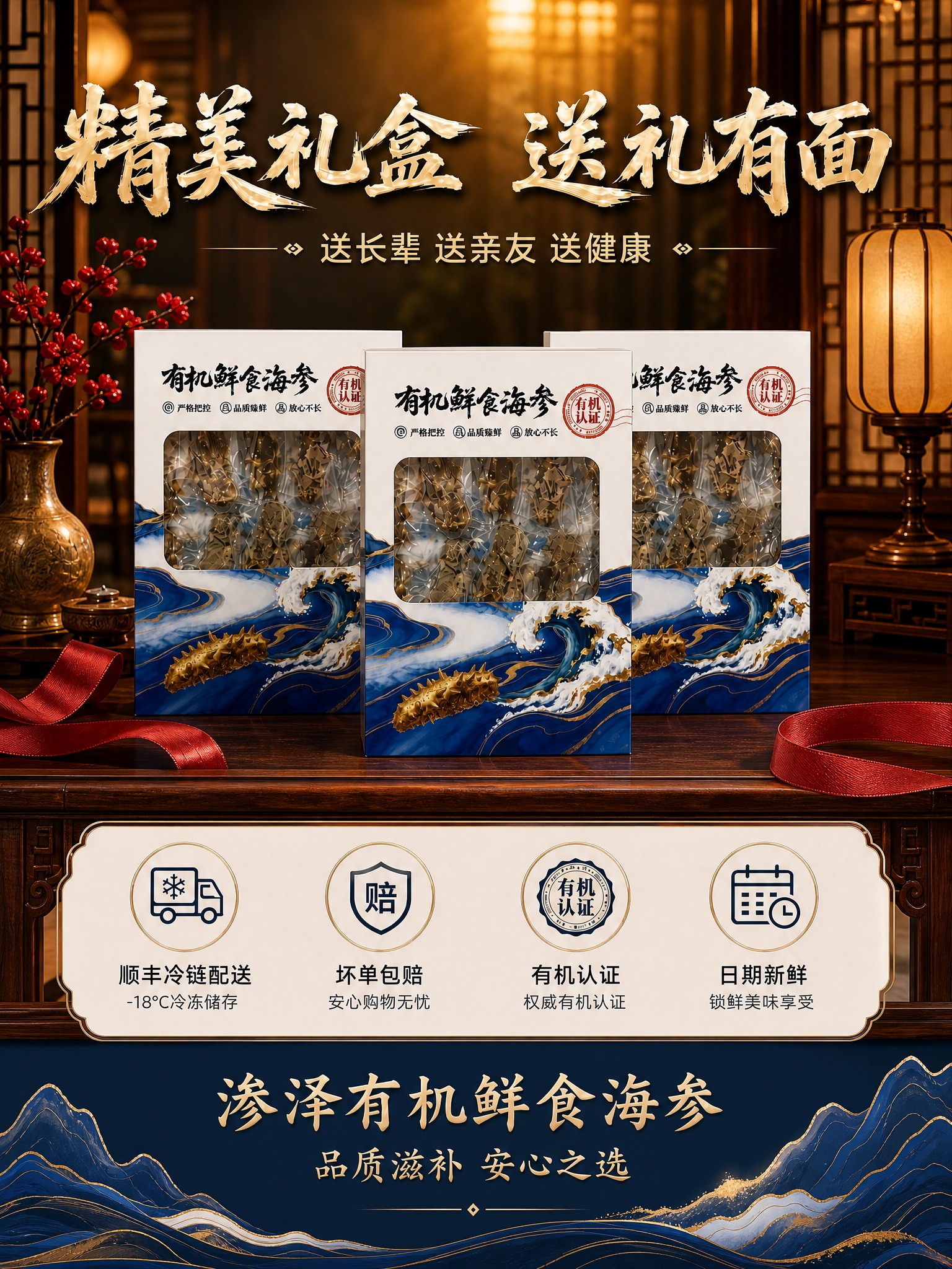 重新生成这张海参礼赠详情页的高清清晰版本，3:4竖版。画面主体… - 图片创意预览