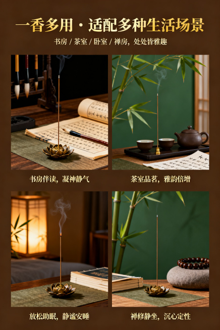 2:3竖版构图，深棕哑光背景，四格等分2x2排版，左上书房场景：线香莲花香座配古籍毛笔，小字"书房伴读，凝神静气"；右上茶室场景：线香配茶具竹影，小字"茶室品茗，雅韵倍增"；左下卧室场景：柔和灯光下线预览效果