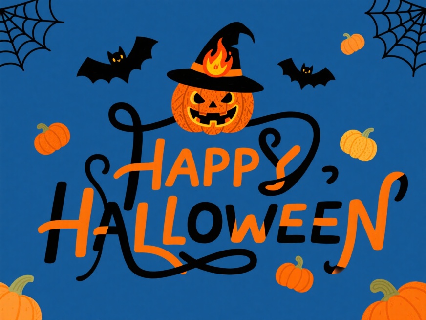 “HAPPY HALLOWEEN” 艺术字，上方有戴巫师帽的南瓜灯形象，周围搭配小南瓜、蝙蝠、蜘蛛网等元素，色彩以橙黑为主，背景为深蓝色，复古卡通风格预览效果