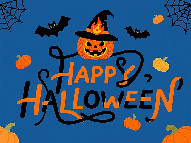“HAPPY HALLOWEEN” 艺术字，上方有戴巫师帽的南瓜灯形象，周围搭配小南瓜、蝙蝠、蜘蛛网等元素，色彩以橙黑为主，背景为深蓝色，复古卡通风格
