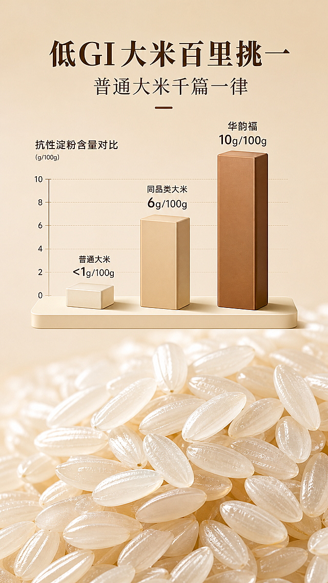生成淘宝/天猫平台控糖大米电商详情页第四屏，比例9:16。画面主体是饱满晶莹剔透的大米颗粒特写，上方展示普通大米vs高抗性淀粉大米vs同品类大米抗性淀粉含量对比的3D柱状图，清晰标注"华韵福10g/100g" "普通大米＜1g/100g" "同品类大米6g/100g"，图表设计简约现代，配色贴合品牌主色调，关键数据用咖啡色高亮。画面顶部添加清晰醒目的主标题"低GI大米百里挑一"和副标题"普通大米千篇一律"。背景为卡其色纯色，整体画面专业直观。