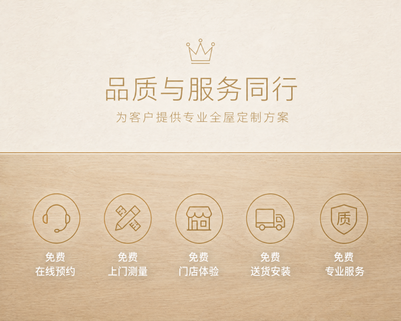 参考原图版式，生成日式原木风全屋定制服务优势宣传竖版海报，上下分栏布局：上半部分为标题区，下半部分5个等距排列圆形信息模块，整体居中对称排版，模块间距均匀，画面干净规整，留白克制，线条干净无多余元素。预览效果