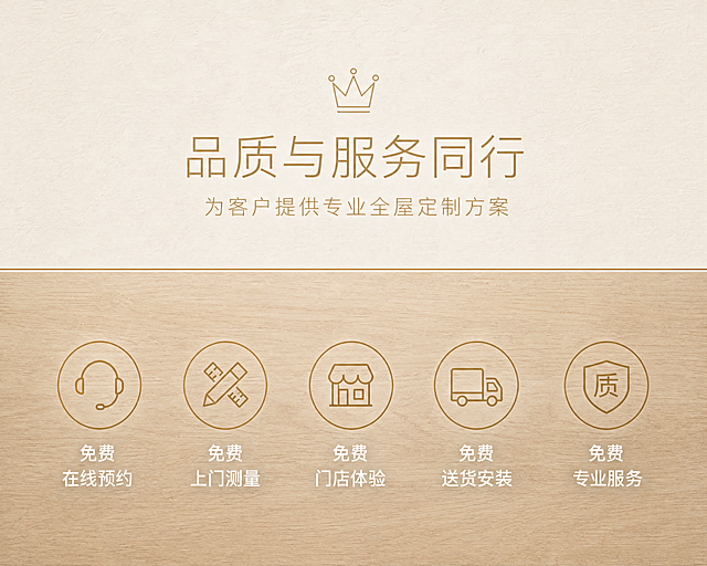 参考原图版式，生成日式原木风全屋定制服务优势宣传竖版海报，上下分栏布局：上半部分为标题区，下半部分5个等距排列圆形信息模块，整体居中对称排版，模块间距均匀，画面干净规整，留白克制，线条干净无多余元素。上半部分背景为哑光奶白色，带有细腻原木磨砂颗粒质感，与原木风家居墙面色调一致；下半部分背景为哑光浅橡木色，带有细腻木纹肌理，上下背景以纤细香槟金直线分隔，色调过渡柔和。风格为温润原木风+极简轻奢品牌宣传海报，极简商务排版，低对比度，克制留白，质感与原木风家居照片一致，干净高级有亲和力，日系原木风品牌手册质感。整体配色为原木米白+香槟金，主色调哑光米白+哑光暖木色+香槟金，无杂色，香槟金用于图标文字点缀，搭配暖白灯光氛围，色调沉稳柔和，凸显品牌专业与温度。上半部分居中放置简约香槟金皇冠图标，下方主标题"品质与服务同行"，副标题"为客户提供专业全屋定制方案"，字体为纤细无衬线体，香槟金色，低调柔和；下半部分5个圆形模块依次为：免费在线预约、免费上门测量、免费门店体验、免费送货安装、免费专业服务，每个圆形模块配简约线性香槟金图标，浅木色圆形边框包裹，模块下方配纤细无衬线体白色文字说明，清晰易读。背景带有细微磨砂木纹颗粒肌理，呼应原木饰面质感，整体光影均匀柔和，无强烈阴影，画面干净利落，突出品牌服务专业感与原木风温暖质感