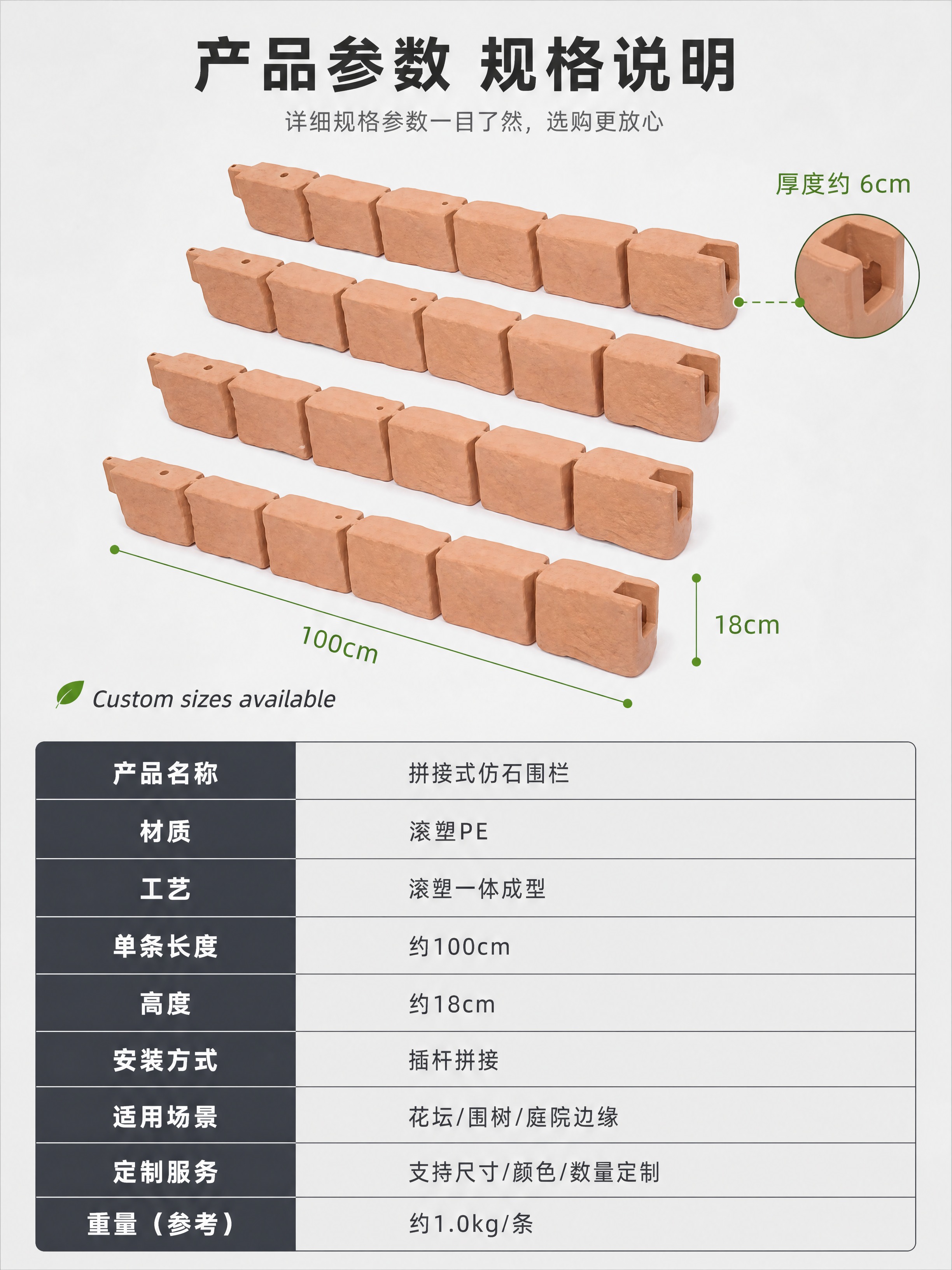 [商品] 使用【图2】陶土色仿石围栏带尺寸标注图，保留产品拼接… - 图片创意预览