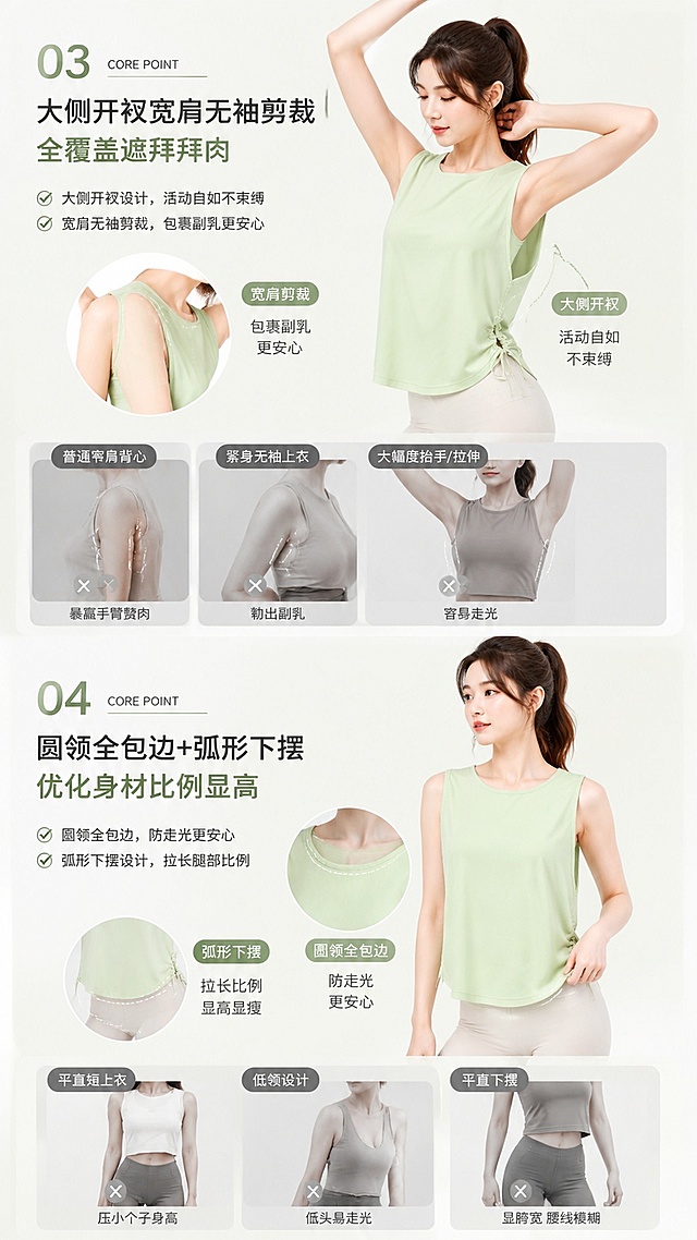 抖音9:16竖版详情第四屏，核心卖点3+4：卖点3 "大侧开衩宽肩无袖剪裁，全覆盖遮拜拜肉"痛点"普通窄肩背心暴露手臂赘肉，紧身无袖勒出副乳，大幅度抬手、拉伸容易走光"；卖点4"圆领全包边+弧形下摆，优化身材比例显高"痛点"平直短上衣压小个子身高，低领容易走光，平直下摆显胯宽，腰线模糊五五分身材"，分区域展示剪裁细节，温柔简约城市运动极简风格，适配手机端竖屏阅读