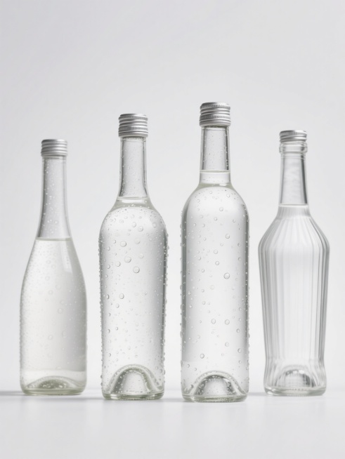 超写实摄影风格，白色纯色背景，四个不同品种、不同样式、不同外观的玻璃酒瓶，排列整齐，瓶身通透光滑，表面覆盖着晶莹的水珠，水珠细节清晰，顶部有银色金属瓶盖，正面居中视角，光线明亮均匀，高清晰度，高对比度，立体感强，产品展示效果，简约干净的构图。预览效果