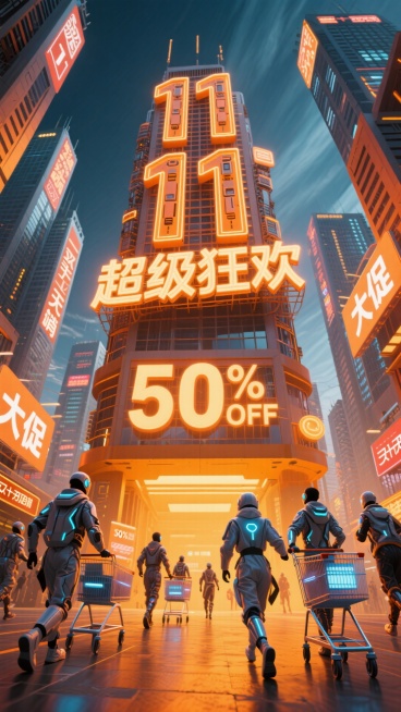 橙黄色调+赛博朋克风格：一栋巨大“11 11”发光机械大字的摩天大楼顶，装饰霓虹文字广告牌“超级狂欢”作为主体，一群未来人推着科技感的购物车奔向主体，周围高耸摩天楼布满密集有 “大促”“50%OFF”预览效果