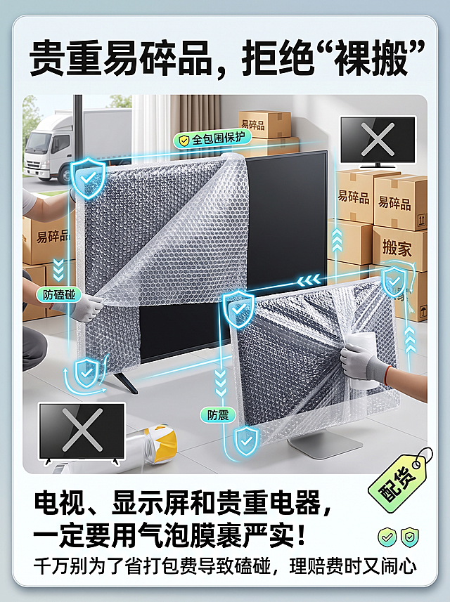 电商宣传图，展示气泡膜打包保护电视、显示屏等贵重易碎电器，突出气泡膜防震防磕碰保护效果，文案：“贵重易碎品，拒绝“裸搬” 电视、显示屏和贵重电器，一定要用气泡膜裹严实！千万别为了省打包费导致磕碰，理赔费时又闹心”，风格实用清晰，电商主图设计