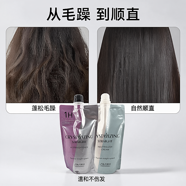 [主图-4] 资生堂直发膏效果对比图
[氛围风格] 真实对比，专业说服力
[画质] 清晰商业摄影质感，真实自然
[元素] 左侧圆角画框展示自然卷发发质特写，标注"蓬松毛躁"；右侧圆角画框展示使用后顺直直发发质特写，标注"自然顺直"；产品放置在画框下方居中位置，保持产品外观与原图一致，无变形色差
[光影] 两侧对比图光线均匀一致，产品打光清晰突出
[配色] 浅灰色极简背景，突出前后发质对比
[视角构图] 上下布局，对比图在上产品在下，整体平衡稳定
[文字版式] 顶部大字主文案"从毛躁 到顺直"，对比图标注清晰小字，产品下方小字"温和不伤发"，文字对比分明，不遮挡主体
[比例分辨率] 1:1比例，4K分辨率，文字清晰，超高清
[负向提示词] 变形，文字模糊，对比不清晰，夸张过度，背景杂乱
