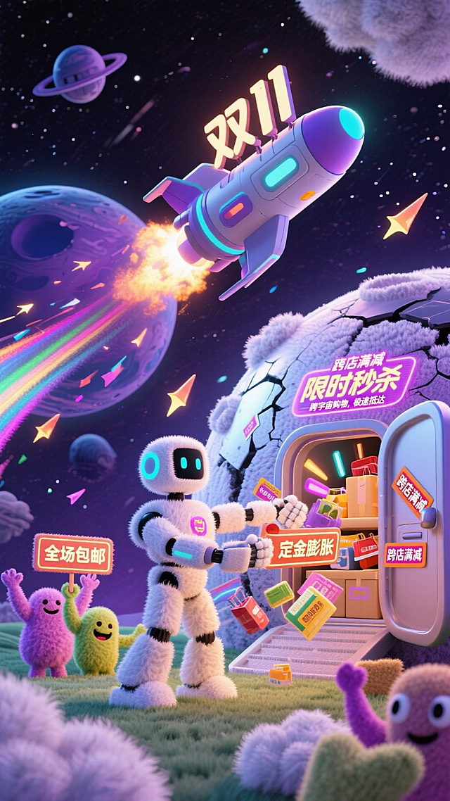 画面以深邃宇宙为背景，巨型购物飞船喷出尾焰，拖曳着"双11"的霓虹光带，掠过漂浮的星球。星球表面裂开，涌出"限时秒杀"的发光商品，如流星雨般射向飞船。机器人助手挥舞机械臂，将"跨店满减"的标签贴满货舱，货舱门自动开启，爆发出"定金膨胀"的彩色光波。远处，外星生物举着"全场包邮"的荧光牌，欢呼声化作声波在太空中扩散。整体色调采用科技紫与炫彩银，传递"跨宇宙购物，极速抵达"的奇幻感