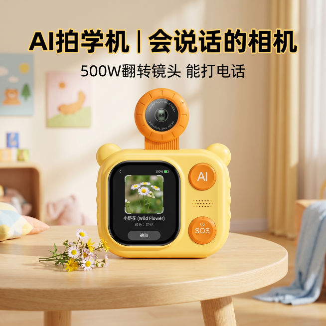 [主图 1] AI拍学机儿童相机核心卖点首图。
[氛围风格] 明亮温馨的儿童产品风，清新治愈
[画质] 商业摄影质感，光线明亮柔和，产品清晰真实，画面干净高级
[元素] 萌鸭黄款AI拍学机儿童相机居中预览效果