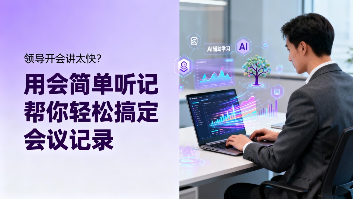 左侧使用渐变的淡紫色作为背景，副标题“领导开会讲太快？”及大号深紫色标题“用会简单听记 帮你轻松搞定会议记录”；右侧展示一位穿深灰色西装的男性操作笔记本电脑，屏幕显示动态数据流与实时分析图表，周围环绕预览效果