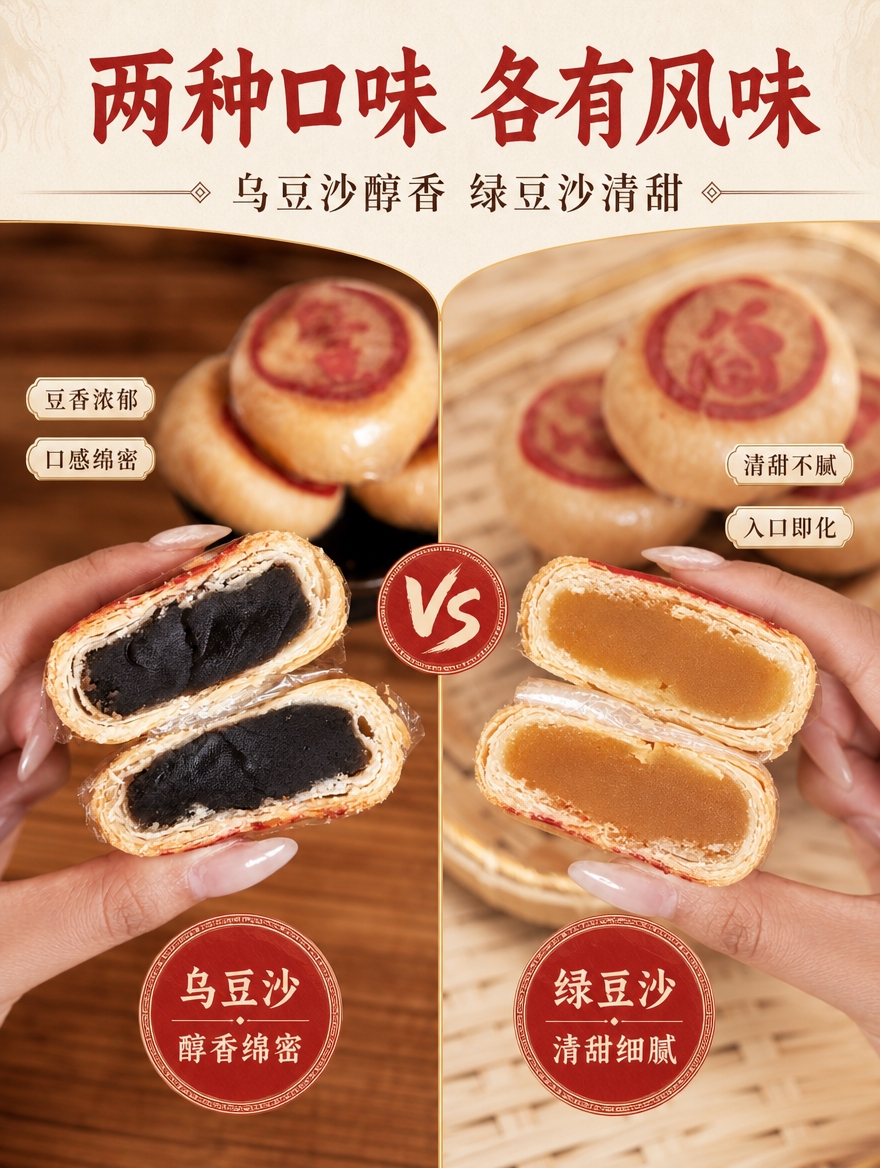 [详情-4] 双口味对比页，乌豆沙与绿豆沙两种馅料并列展示，一… - 图片创意预览