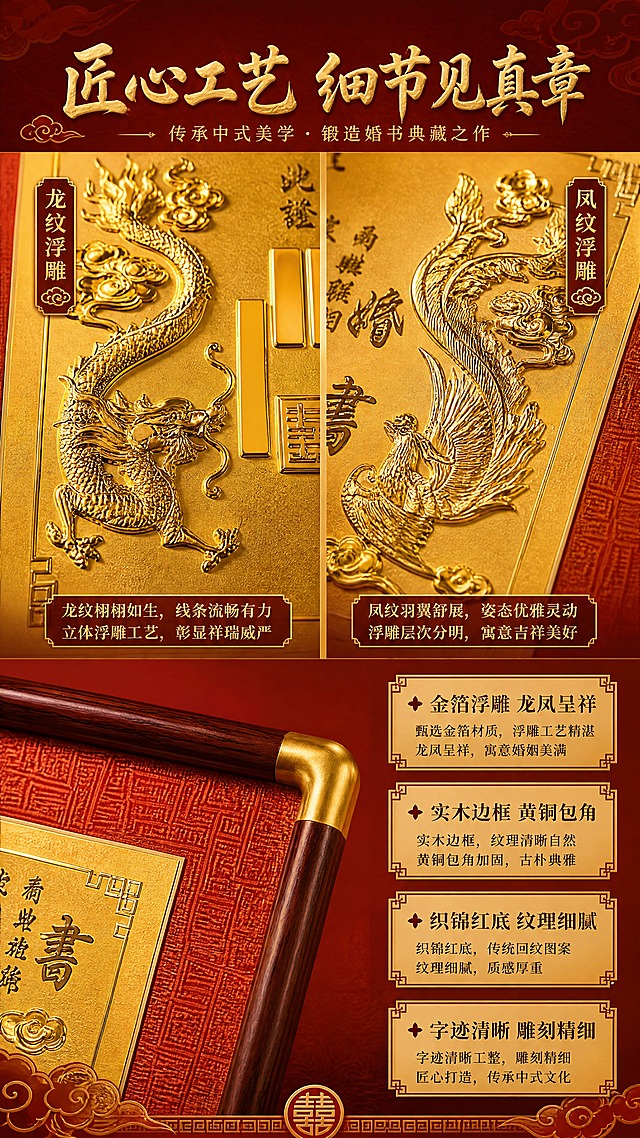 [商品] 使用【图2】+【图3】中式金箔浮雕婚书；保留龙凤浮雕纹样、金箔板面、红底纹理、实木边框铜角、婚书文字等全部材质与结构；商品处理：放大龙凤浮雕细节，增强金箔金属质感和凹凸立体感，木纹边框纹理更清晰，不改变商品原有图案和文字。
[画面] 页面目标：工艺细节展示，突出金箔浮雕工艺的精致质感与中式美学价值，建立品质信任。构图：竖版9:16，上下分两区，上半区左侧龙纹浮雕微距特写，右侧凤纹浮雕微距特写，中间用金色分割线；下半区展示边框铜角+红底纹理细节，配文字说明；产品细节占画面约70%；背景为深红渐变+暗纹，每个细节图配小标签；阅读动线从上到下，至少3层视觉层次（细节图+信息卡+背景纹理）。
[视觉] 套系策略：风格=中式喜庆高端商业摄影，传统国风美学；标题字=中式书法宋体/宋体加粗，庄重典雅；正文字=简洁宋体/黑体，清晰易读；主色=中国红（正红/深红）；背景延展=基于中国红做深浅渐变、暗纹祥云/回纹纹理、同色系层次；强调色=烫金色，仅用于标题重点字、图标、引线、装饰线条；标题色=烫金色/正红色；正文色=深棕/黑色；组件=中式回纹边框信息卡、金色引线、祥云装饰元素、印章式标签；光影=侧暖光突出浮雕凹凸立体感，局部高光体现金箔金属光泽，整体暖色调。
[文字] 顶部主标题：「匠心工艺 细节见真章」（烫金大字）；4个细节卖点标签：「✦ 金箔浮雕 龙凤呈祥」「✦ 实木边框 黄铜包角」「✦ 织锦红底 纹理细腻」「✦ 字迹清晰 雕刻精细」；每个细节图旁配对应短说明；文字横排排版，字号保证手机端清晰可读，不遮挡关键细节。
[规格] 图片比例9:16竖版，4K分辨率，负向提示：避免变形、错字、文字模糊、冷蓝色调、细节失真、浮雕变平、颜色发灰、水印、二维码。