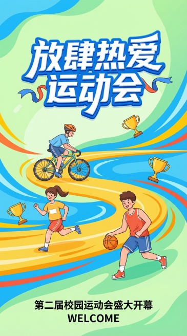 充满青春活力的竖版第二届校园运动会宣传海报，采用扁平化卡通插画风格，主色调为清新嫩绿与活力蓝的渐变撞色，搭配明快的黄、橙、红线条。画面中分布着多元运动场景：骑行少年、奔跑少女、运球少年的形象沿着黄色跑预览效果