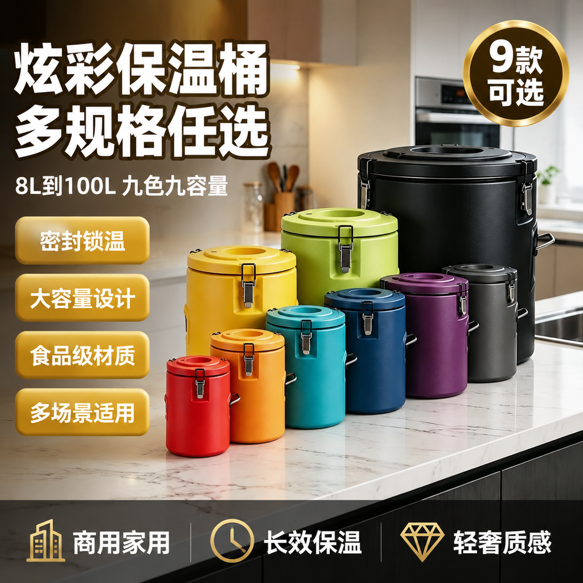 基于输入的保温桶产品图，不改变产品本身的外观、颜色、结构、材质… - 图片创意预览