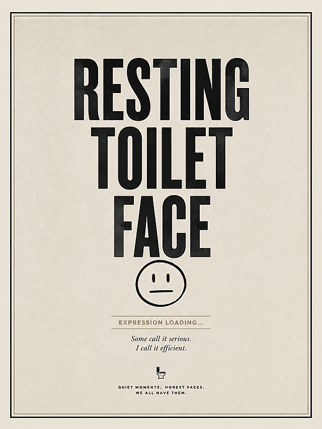 Minimalist sarcastic bathroom poster, centered quote "RESTING TOILET FACE", modern bold typography with subtle smiley face doodle, monochrome beige and black palette, clean Scandinavian composition, off-white textured paper background, sophisticated meme-inspired humor, trendy apartment bathroom aesthetic, premium printable art style, 3:4 vertical format, ultra detailed, 8K