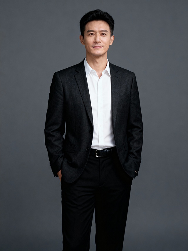 商务单手插兜黑色西装男士形象照