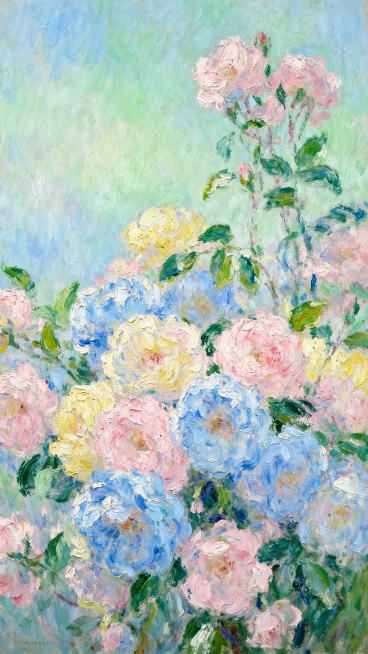 印象派风格花卉油画，以柔和的粉蓝色、淡粉色、淡黄色花朵为主体，绿色叶片点缀其间，色彩和谐淡雅，笔触厚重且富有肌理感，光影柔和朦胧，整体营造出宁静清新的氛围，构图饱满，花朵自然分布，背景为淡蓝绿色渐变，预览效果