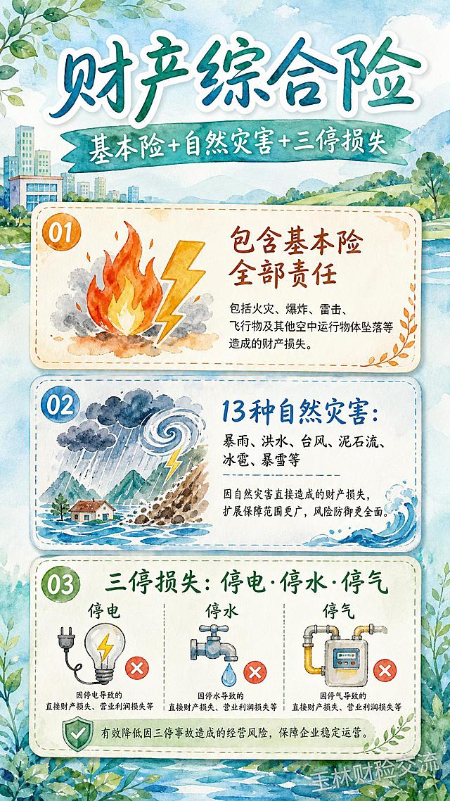 手绘水彩风格知识科普海报，竖版9:16，清新蓝绿色调背景，顶部大标题手写体"财产综合险"，副标题"基本险+自然灾害+三停损失"。画面中央有三个手绘信息卡片竖向排列：第一张卡片画着火焰闪电图标写"包含基本险全部责任"，第二张卡片画着雨滴风暴洪水图标写"13种自然灾害：暴雨、洪水、台风、泥石流、冰雹、暴雪等"，第三张卡片画着停电停水图标写"三停损失：停电·停水·停气"。右下角有半透明水印文字"玉林财险交流"。整体风格清新手绘，线条柔和，水彩质感，知识卡片式排版，版式精美。画面中所有信息区域必须填充完整合理的内容，不得出现空白框。