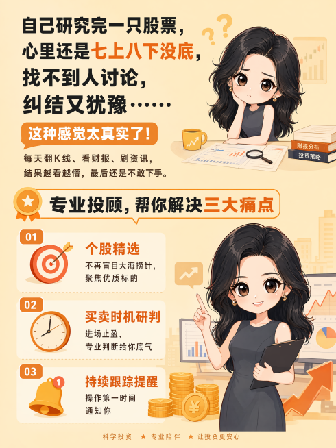 参考风格「图片1」人物：「图片1」文字：【 😩 选股纠结？你不是一个人 自己研究完一只股票，心里还是七上八下没底，找不到人讨论，纠结又犹豫…… 这种感觉太真实了！每天翻K线、看财报、刷资讯，结果越看预览效果