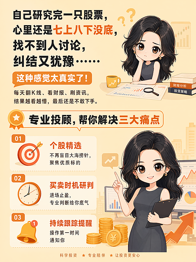 参考风格「图片1」人物：「图片1」文字：【 😩 选股纠结？你不是一个人 自己研究完一只股票，心里还是七上八下没底，找不到人讨论，纠结又犹豫…… 这种感觉太真实了！每天翻K线、看财报、刷资讯，结果越看越懵，最后还是不敢下手。 ✔️ 专业投顾，帮你解决三大痛点 🎯 个股精选 — 不再盲目大海捞针，聚焦优质标的 ⏰ 买卖时机研判 — 进场止盈，专业判断给你底气 🔔 持续跟踪提醒 — 操作第一时间通知你 🎁 新客开户福利合集 🎉 惊喜佣金 | ⚡Level-2行情 | 🔍 增值指标 💬 评论留言【开户】解锁新客惊喜佣金！】分成3张图片