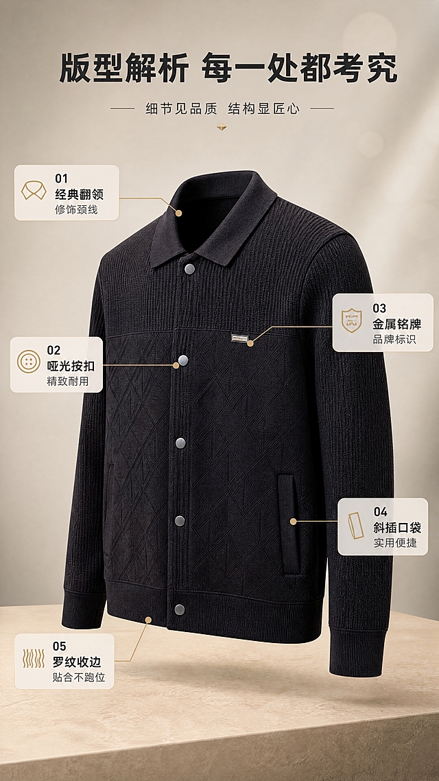 [商品] 使用【图1】男士黑色翻领针织开衫夹克；商品处理：保留翻领、按扣门襟、菱格针织纹理、胸标金属牌、插袋、罗纹袖口与下摆、整体黑色和针织面料；自然去除衣架与挂架，理顺衣身垂坠，增强菱格织纹、缝线、按扣和金属牌质感，不改变版型和结构。
[画面] 目标：版型解析页，拆解结构优势。构图：中央放大展示开衫正面45°视角，四周用引线标注关键结构点；产品占画面约65%。景别：服装中近景。前景浅驼色桌面承托，中景服装主体与标注引线，后景暖灰渐变加柔和光斑。阅读动线：顶部标题→中央服装→四周标注点。
[视觉] 套系策略：风格=高级都市商务商业摄影；标题字=现代无衬线粗体（思源黑体Heavy）；正文字=简洁无衬线体（思源黑体Regular）；主色=炭黑+暖驼灰；背景延展=基于暖驼灰做深浅层级、同色渐变和细腻哑光质感；强调色=古铜金，仅用于小面积图标、引线和标签；标题色=炭黑色；正文色=中暖灰；组件=圆角浅底信息卡、细线引线、极简几何装饰；光影=正上方暖金柔光，均匀打亮服装细节。
[文字] 顶部主标题「版型解析 每一处都考究」；5处引线标注：①翻领处→「经典翻领 修饰颈线」②按扣处→「哑光按扣 精致耐用」③胸标处→「金属铭牌 品牌标识」④口袋处→「斜插口袋 实用便捷」⑤下摆处→「罗纹收边 贴合不跑位」；文字横排，引线清晰，不遮挡核心结构。
[规格] 图片比例9:16竖版，分辨率4K，负向提示：避免变形、错字、文字过小、衣架挂架、白底孤立、冷蓝背景、衣服颜色改变、版型失真、极限词。
