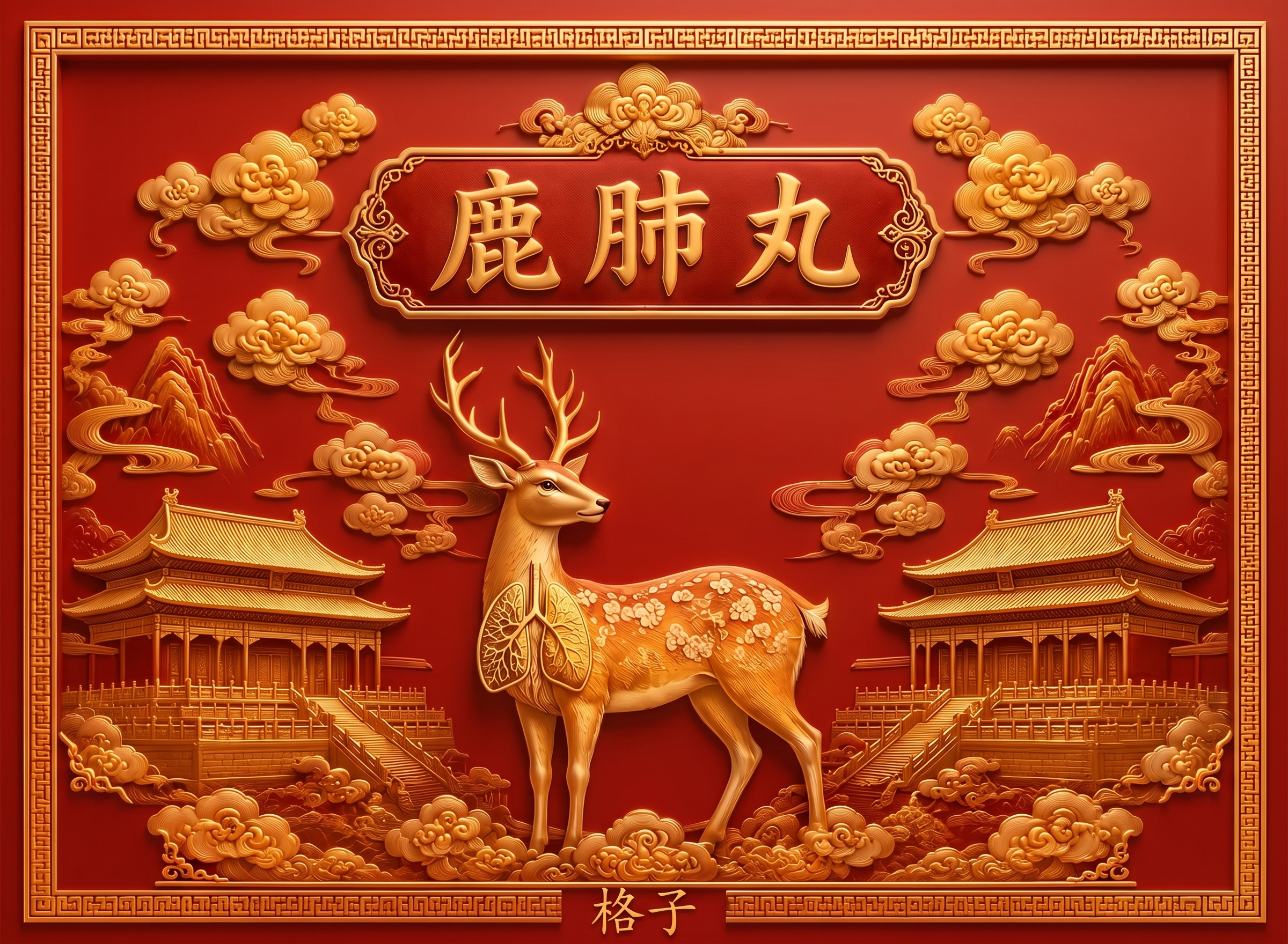 鹿肺丸和底下的边框三个字放大2倍，四个角的格子边框去掉，整体协… - 图片创意预览