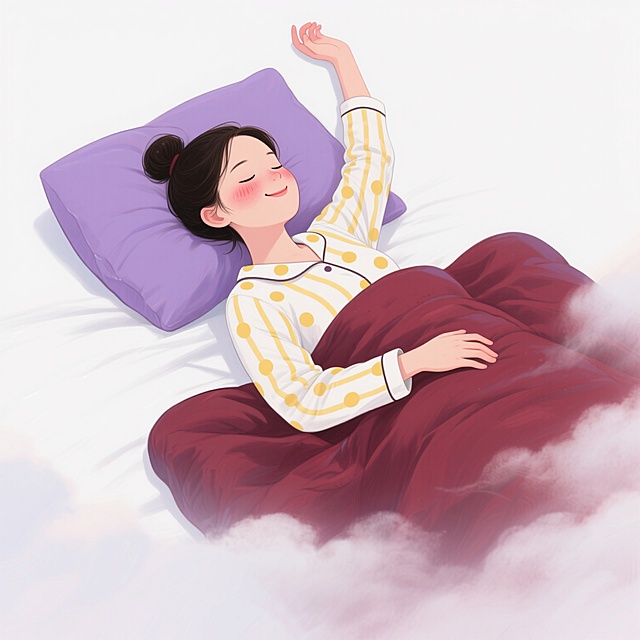 一个年轻女性躺在床上伸懒腰的插画，她闭着眼睛，嘴角上扬，面带微笑，脸颊有红晕，头发扎成一个发髻，穿着带有黄色条纹和圆点图案的白色睡衣，盖着深红色的被子，头枕着紫色的枕头，一只手向上抬起，另一只手放在被子上，纯白色背景，超现实主义风格，梦幻的光影效果，细腻的笔触，柔和的色彩过渡，富有层次感的构图，充满诗意和想象力的氛围，仿佛漂浮在云端。