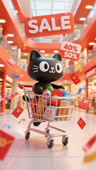 一个黑色大头猫的坐在购物车快速向观众方向冲的强动态感，购物车里面是各种商品，四周漂浮彩带、红包，点缀红色优惠券，上面是“SALE” 标签、“40%”“50%” ，背景商场中庭，纵深感，橙红色配色预览效果