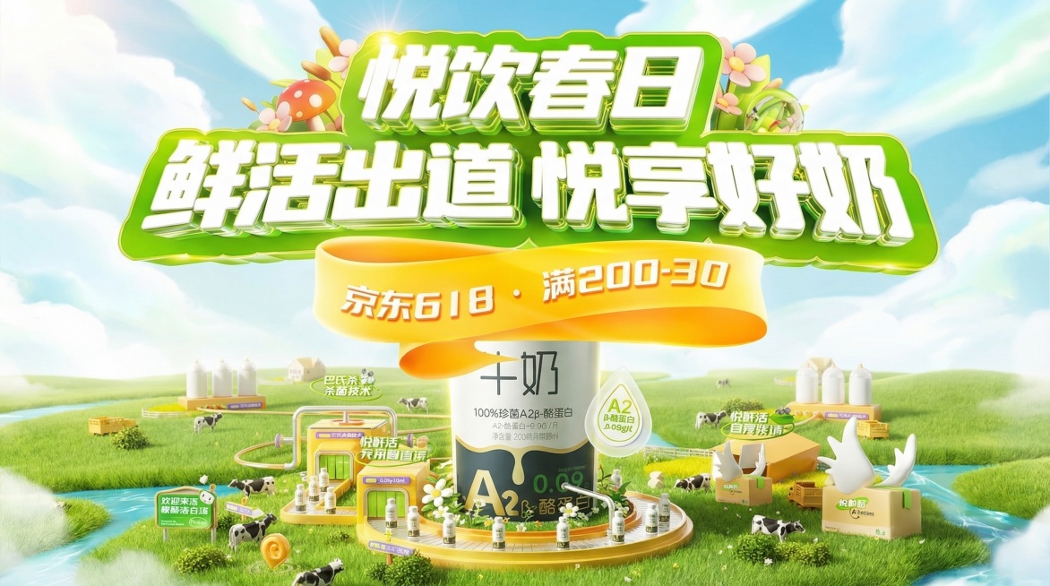 牛奶电商横幅banner，阳光干净清爽，高端大气，完整展示悦鲜活牛奶的外包装，清晰标注巴氏杀菌技术和营养成分，醒目特效字体标明特价优惠时间，大师级别拍摄质感，整体为电商主页广告效果，风格清爽明快，绿色预览效果