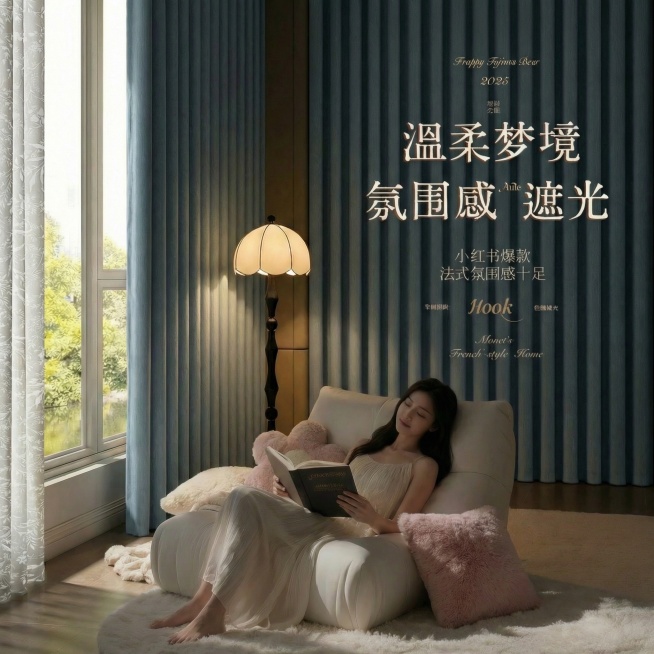 不改变窗帘的面料材质，切换不同的家装场景（最好是少女风奶油风），要求是窗户外面是白天，在昏暗的室内，展示窗帘的遮光效果很好，改变角度，保留文字，一次生成3张；（遮光度）预览效果