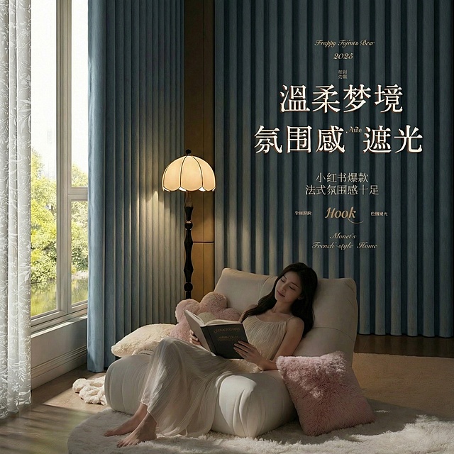 不改变窗帘的面料材质，切换不同的家装场景（最好是少女风奶油风），要求是窗户外面是白天，在昏暗的室内，展示窗帘的遮光效果很好，改变角度，保留文字，一次生成3张；（遮光度）