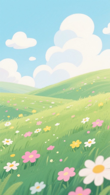 卡通风格插画，清新明快的绿色草地起伏不平，点缀着粉色、黄色和白色的小雏菊，天空是柔和的浅蓝色，飘着形态各异的白色云朵，整体画面采用手绘质感的笔触，色彩明亮柔和，营造出轻松愉悦的春日氛围。预览效果