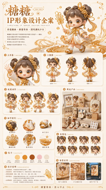 保留图一IP展板的所有其他内容和布局不变，只将原周边产品模块替换成图二中真实产品展示场景图，保持整体风格统一，泡泡玛特风格，3D质感，整体还是竖版9:16，2K分辨率，背景色彩和其他模块内容完全不变。预览效果